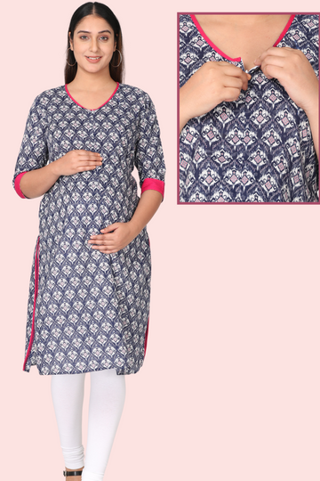 Navy Blue Printed Feeding Kurta with Zip | 1 Vertical Zipper | For Pregnancy & Breastfeeding