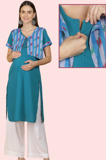 Teal Feeding Kurta with Striped Layered Design | 1 Vertical Zip | Perfect for Pregnancy & Breastfeeding