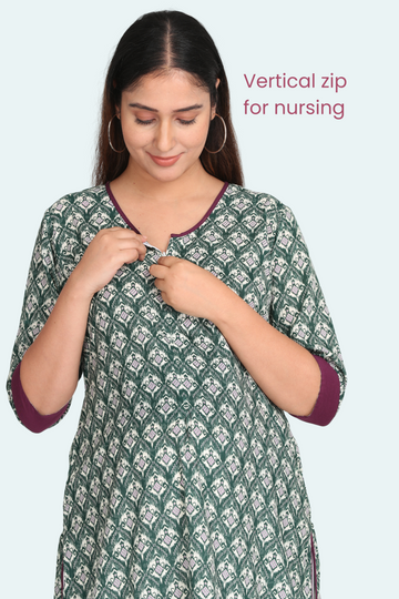 Green Printed Feeding Kurta with Zip | 1 Vertical Zipper | For Pregnancy & Breastfeeding
