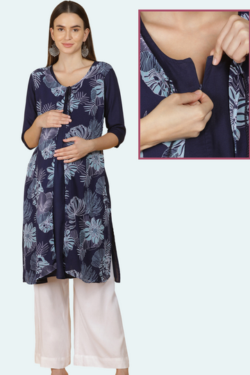 Navy Blue Layered Feeding Kurta with Polka Dot Pattern | 1 Vertical Zip | Suitable for Pregnancy & Nursing
