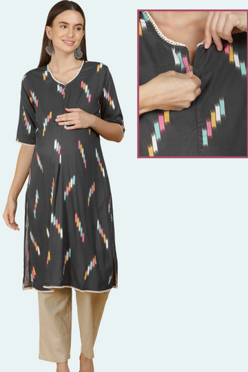 Black Feeding Kurta with Colorful Abstract Print | 1 Vertical Zip | Ideal for Pregnancy & Nursing