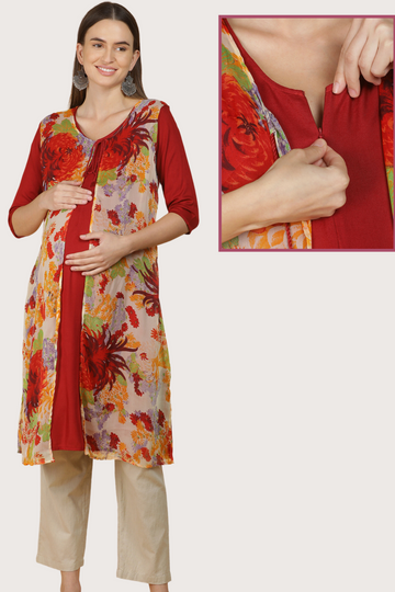 Vibrant Floral Layered Feeding Kurta in Red & Orange | 1 Vertical Zip | Perfect for Pregnancy & Nursing