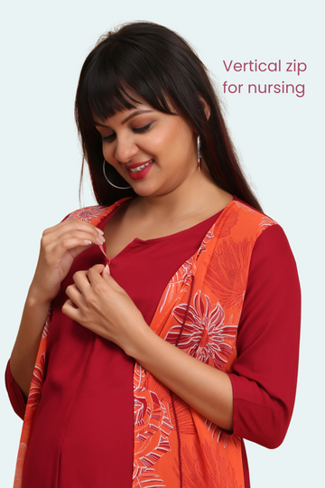 Red & Orange Floral Feeding Kurta with Layered Design | 1 Vertical Zip | Suitable for Pregnancy & Nursing