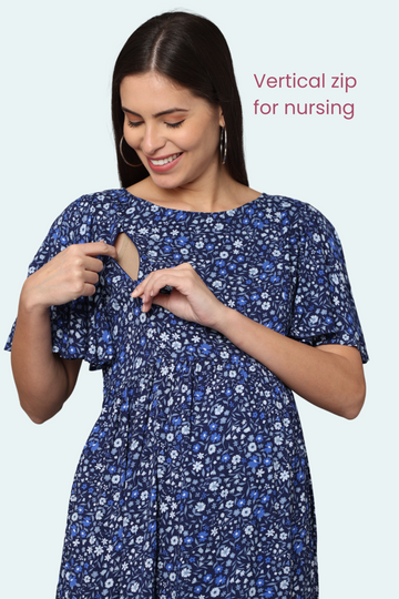 Navy Blue Floral Maternity Dress with Flutter Sleeves |2 Vertical Zippers | Ideal for Pregnancy & Breastfeeding