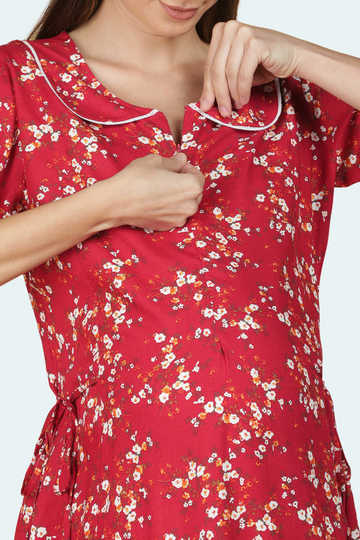 Red Floral Maternity Dress with Peter Pan Collar | Front Vertical Zip | Ideal for Pregnancy & Breastfeeding